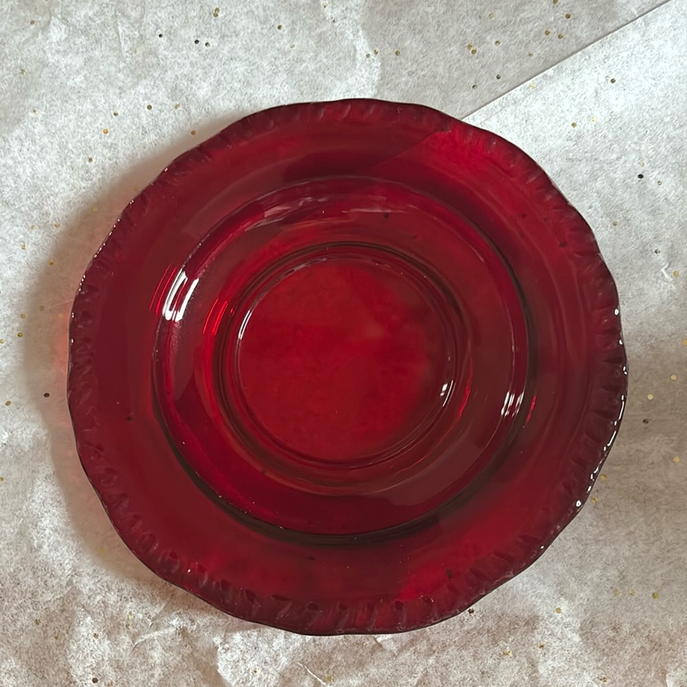 Vintage Paden City Glass 6 1/2” ruby red gadroon edge recessed center plate